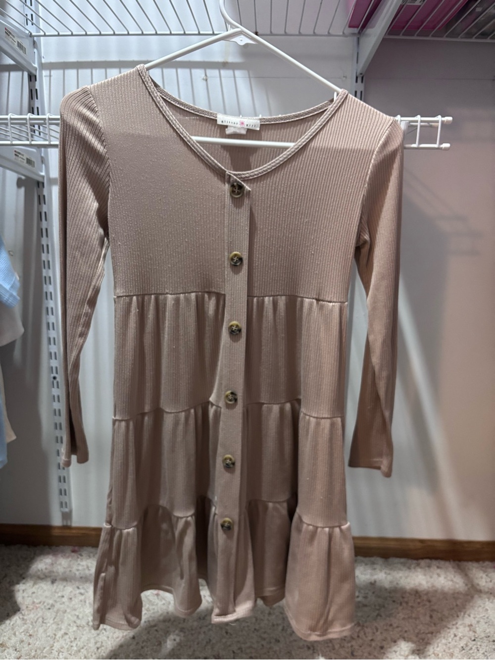 Girls' Ribbed Tiered Button-Front Dress in Taupe